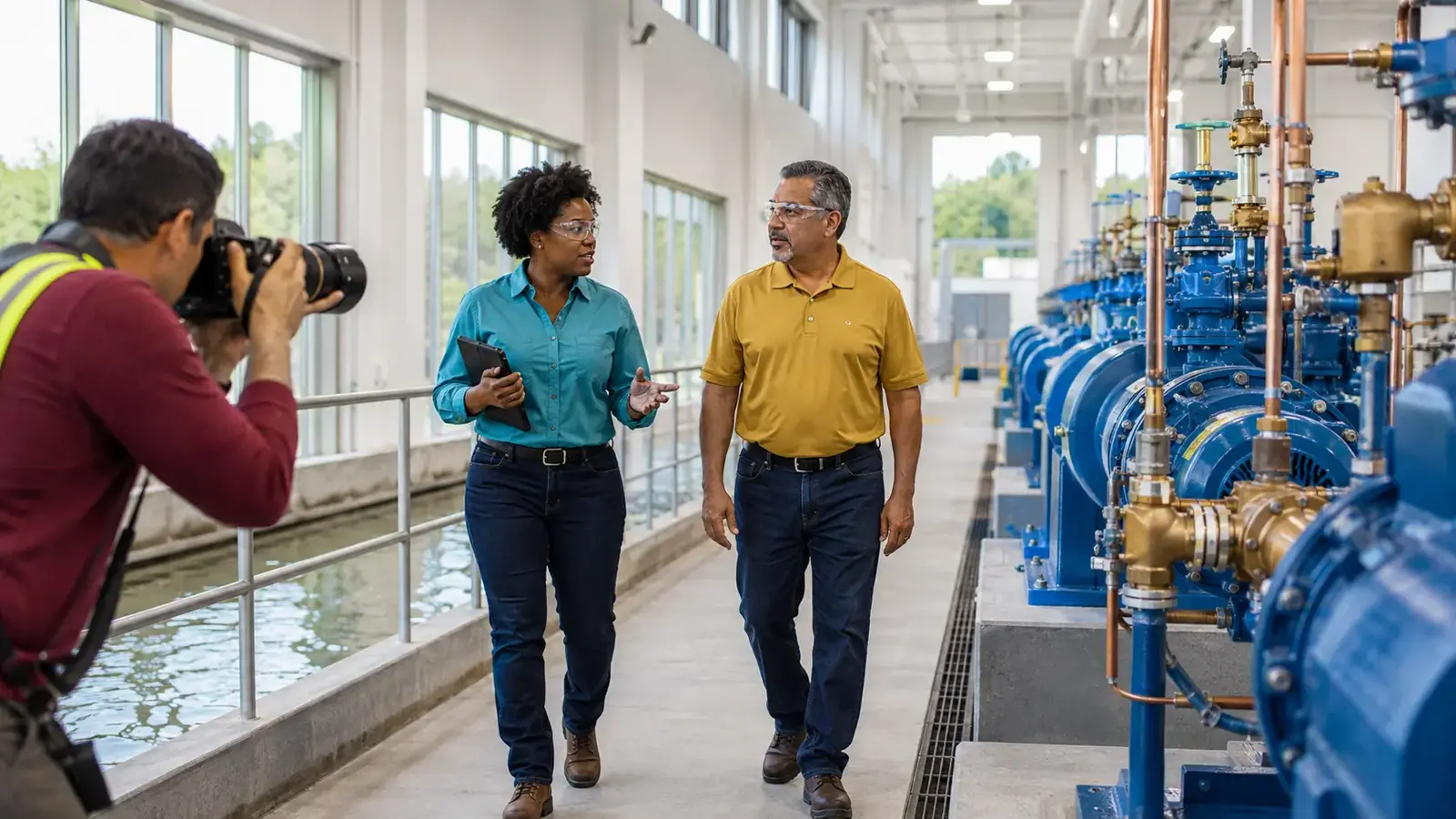 Water process engineer and utility manager walking beside large pumps during professional photography.