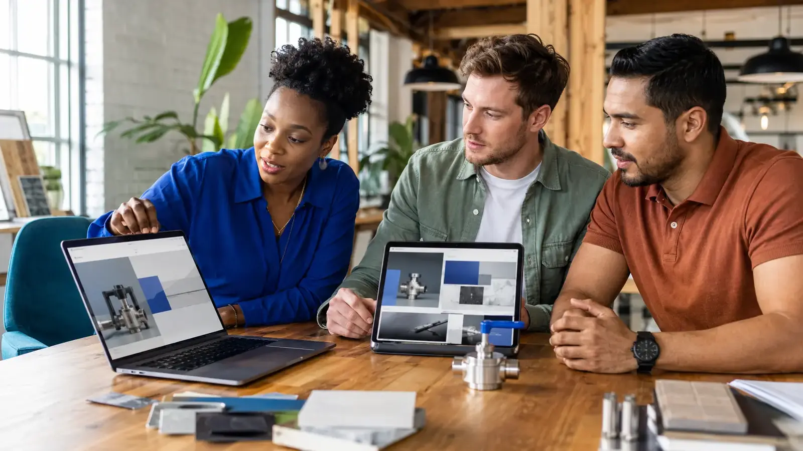 Web team and engineer reviewing responsive technical product layouts on a laptop and tablet.