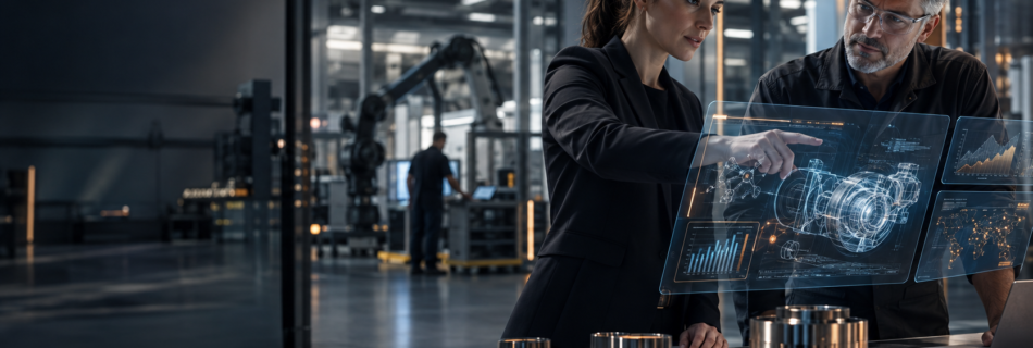 Experienced marketing and engineering professionals using AI tools in an advanced industrial environment.