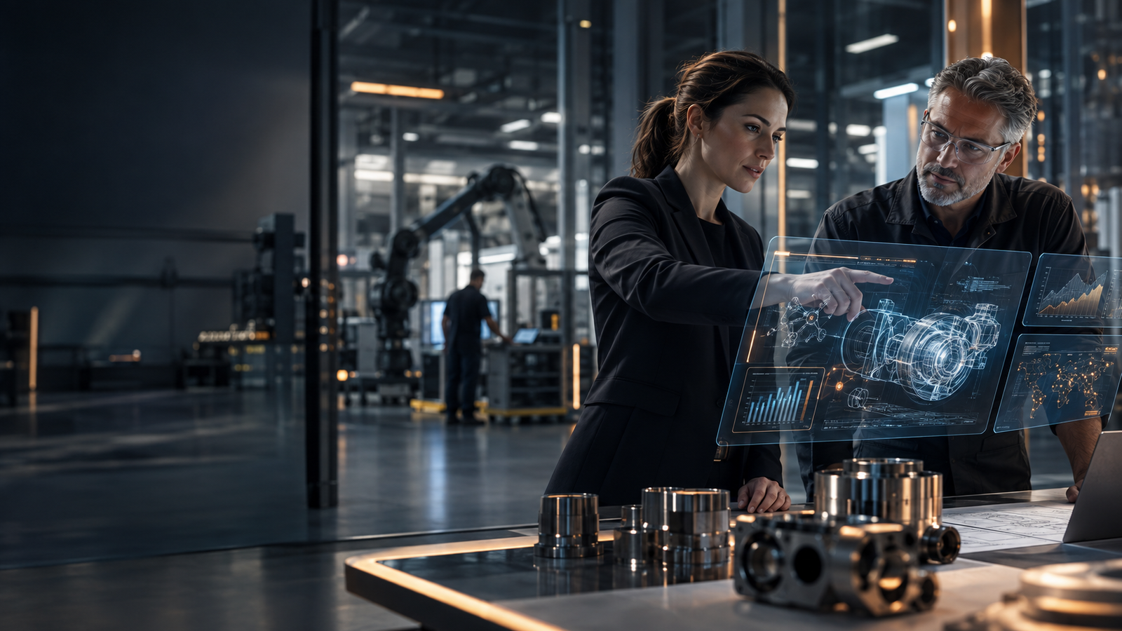 Experienced marketing and engineering professionals using AI tools in an advanced industrial environment.