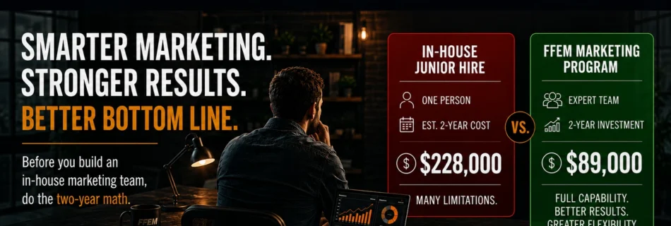 Two-year cost comparison between an in-house junior marketing hire and the FFEM marketing program